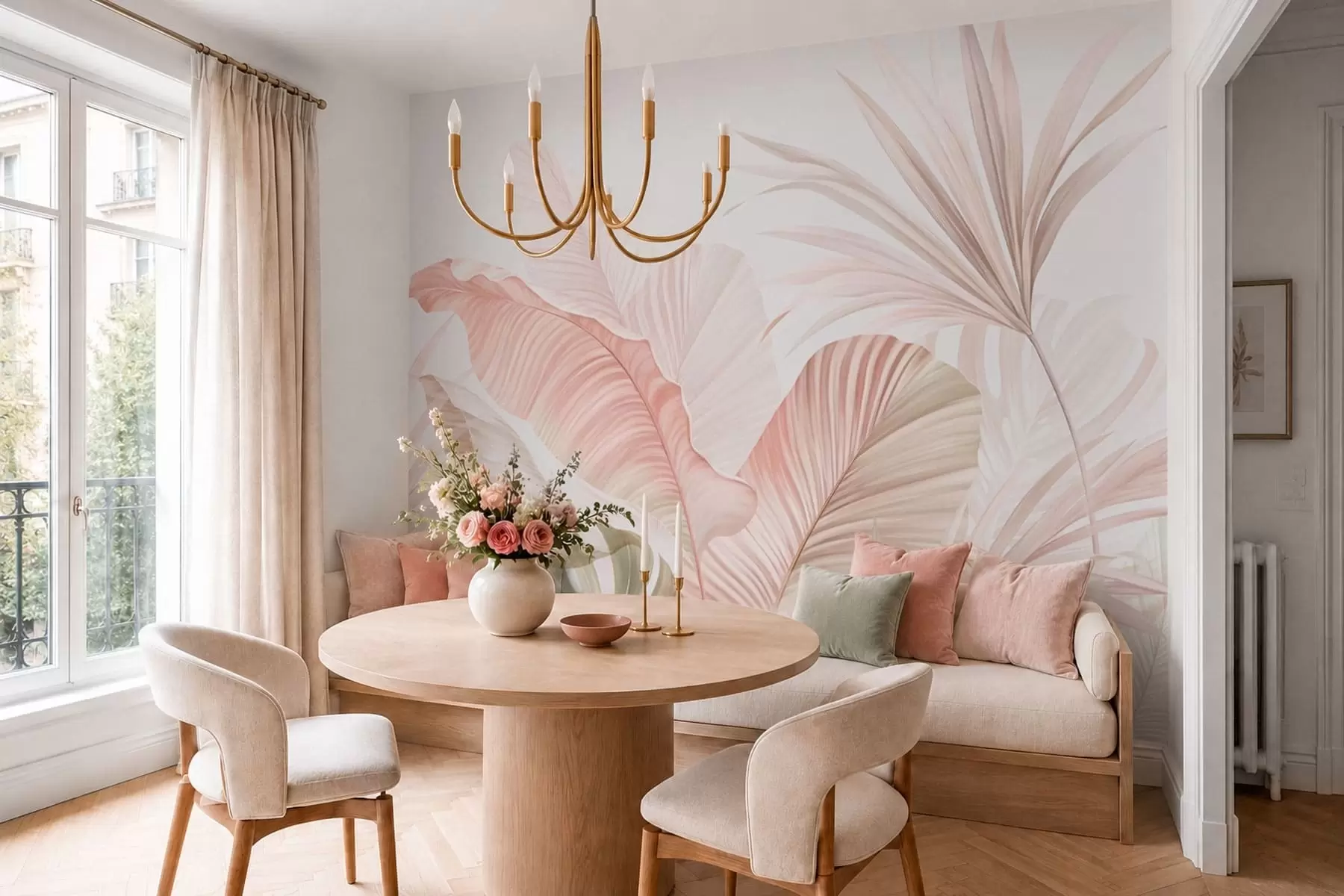 Murale Feuilles tropicales aux teintes pastel w05810