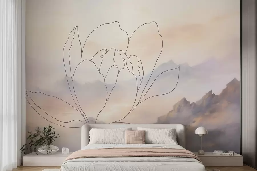 Murale Paysage de montagne avec la silhouette d'une fleur w05788