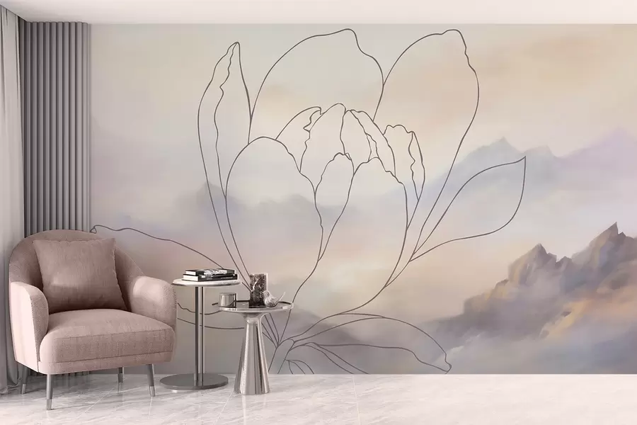 fototapeter Bjerglandskab med en blomstersilhuet w05788