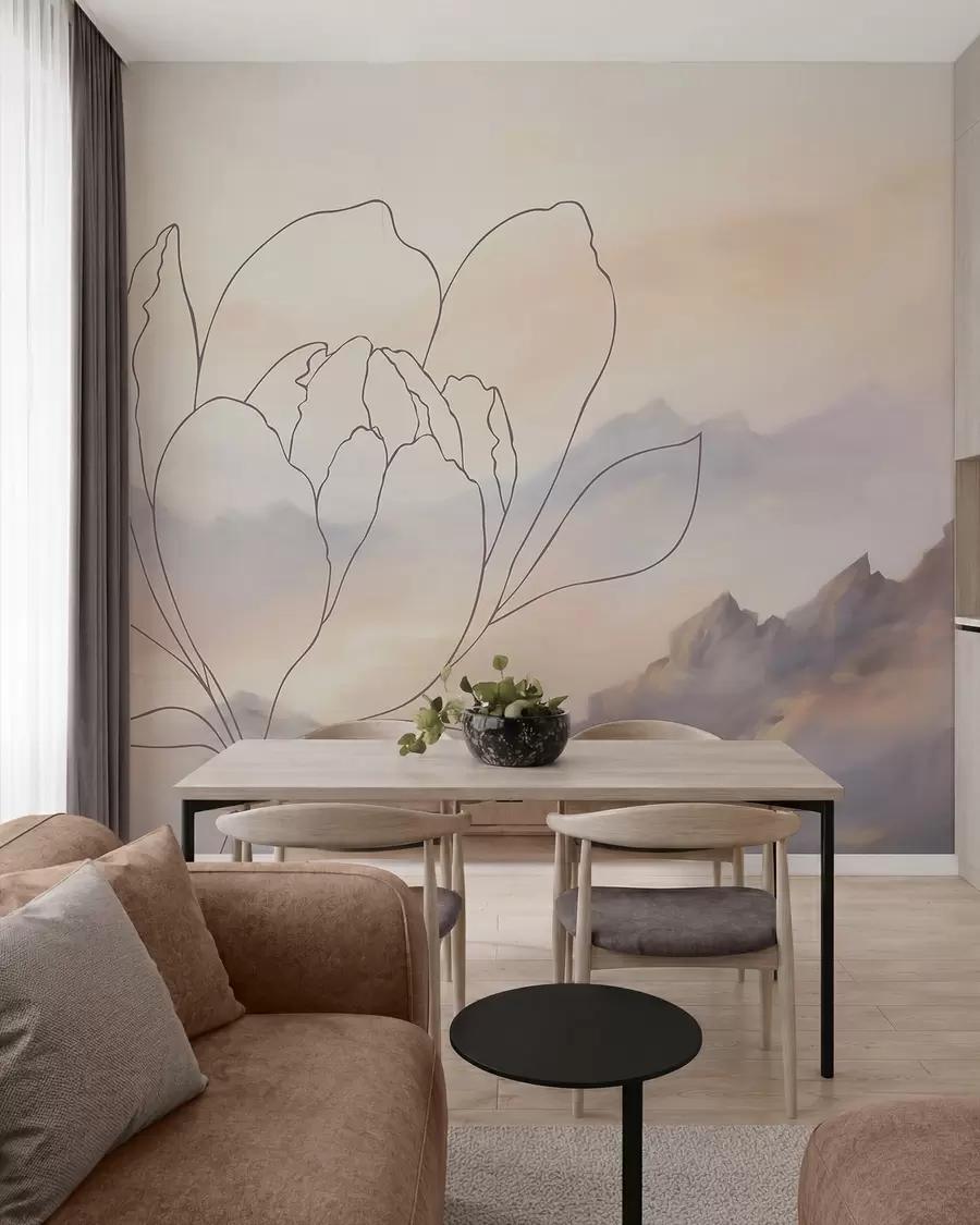 Murale Paysage de montagne avec la silhouette d'une fleur w05788