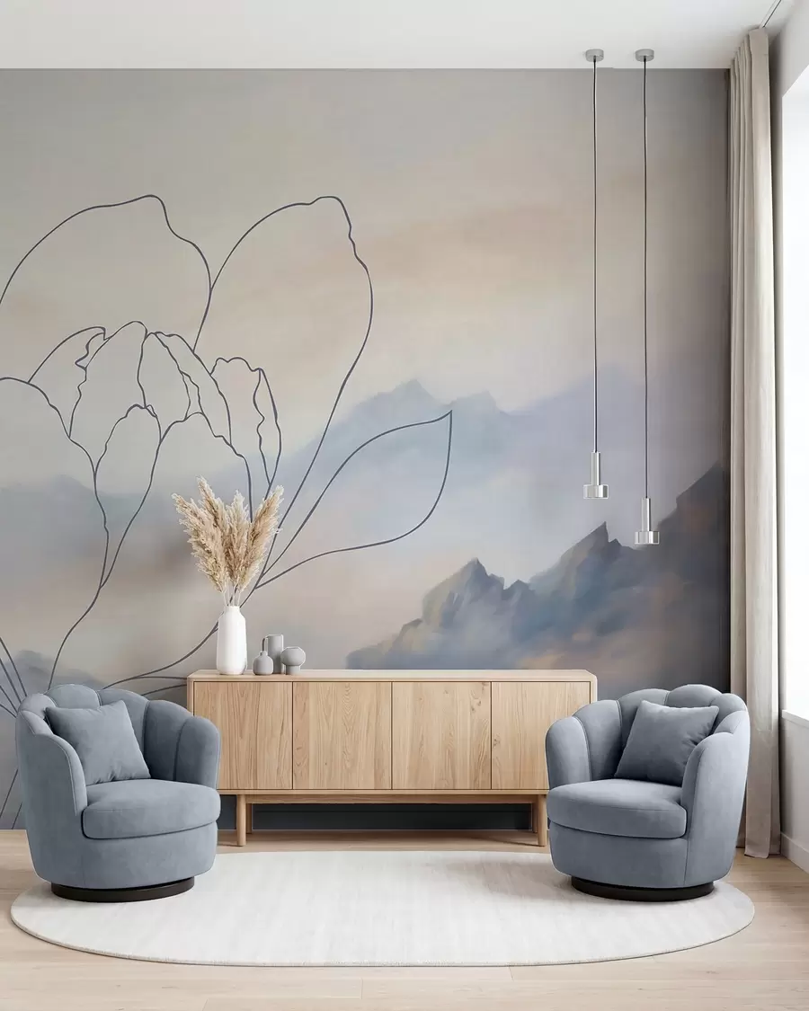 Murale Paysage de montagne avec la silhouette d'une fleur w05788v1