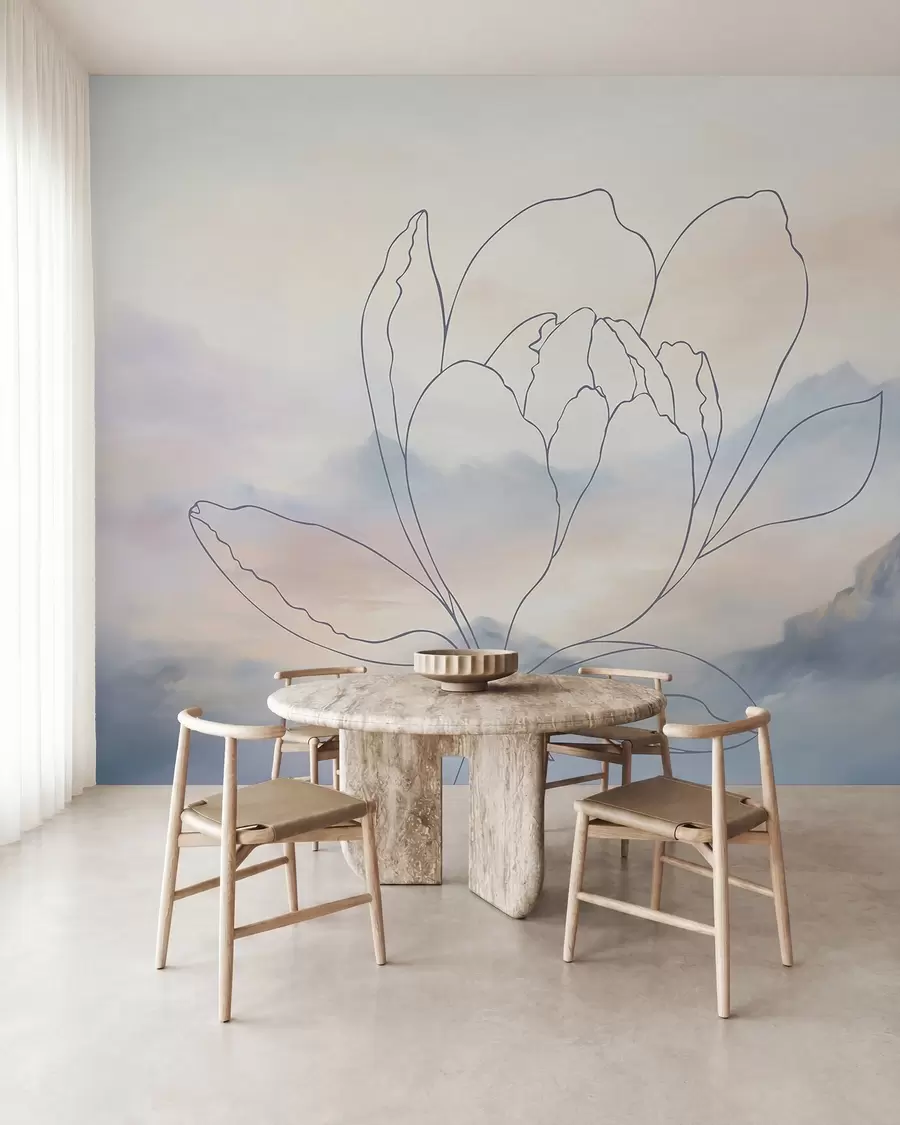 Murale Paysage de montagne avec la silhouette d'une fleur w05788v1