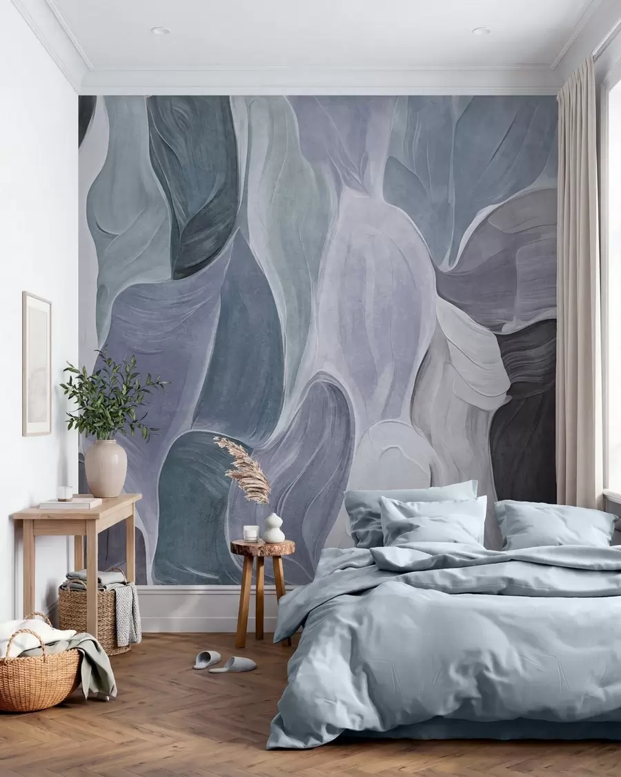 Murale Formes abstraites dans des tons sobres de bleu et de gris, imitation de coups de pinceau w09908v1