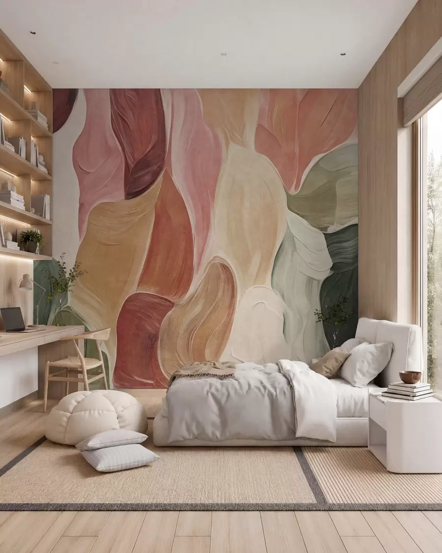 Murale Formes abstraites dans des tons discrets de rose, de pêche et de vert, imitant des coups de pinceau w09908