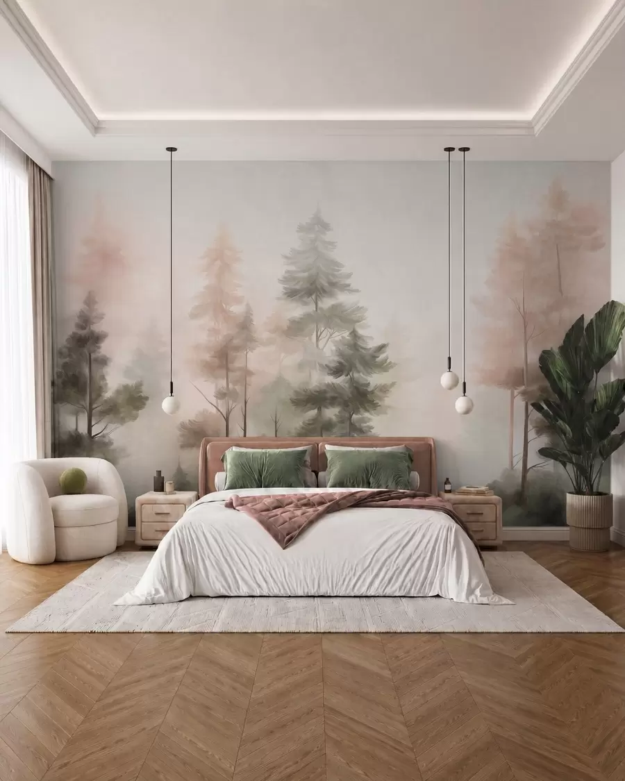 Murale Forêt aux textures variées, peuplée de grands pins aux nuances de vert et de rose, enveloppée d'un léger brouillard w09982