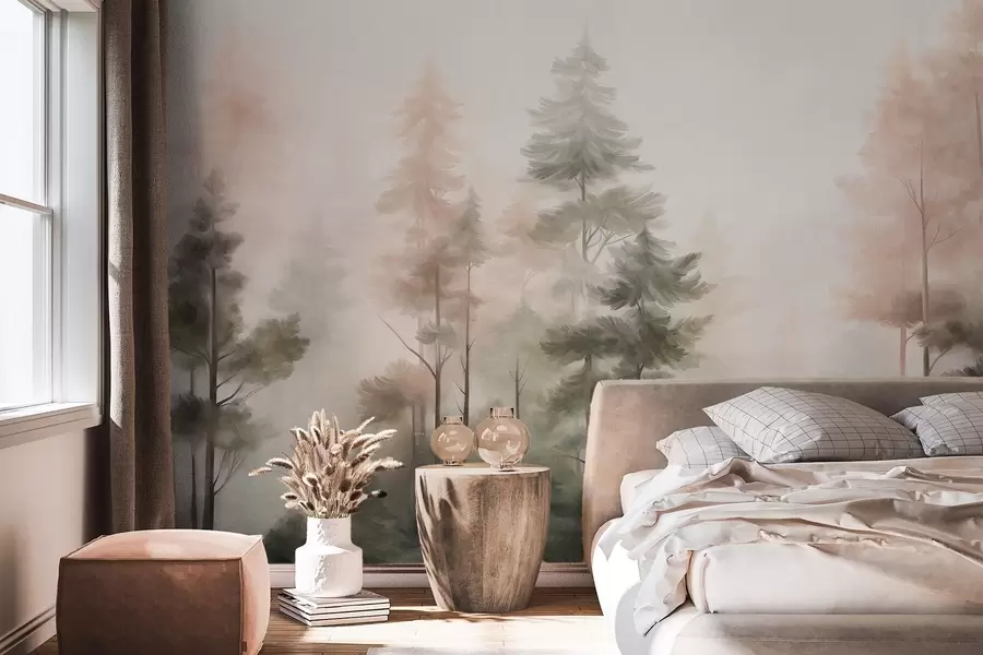 Murale Forêt aux textures variées, peuplée de grands pins aux nuances de vert et de rose, enveloppée d'un léger brouillard w09982