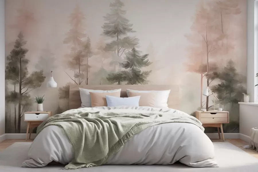 Murale Forêt aux textures variées, peuplée de grands pins aux nuances de vert et de rose, enveloppée d'un léger brouillard w09982