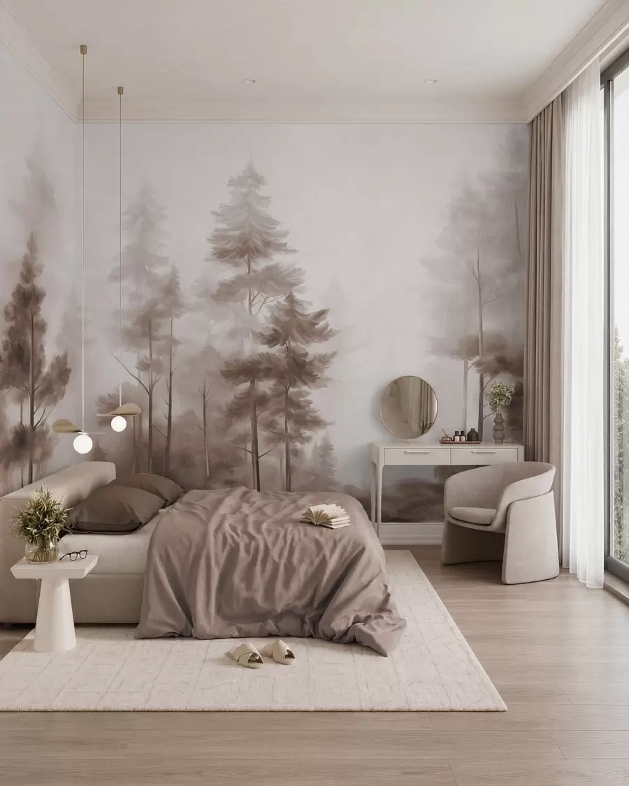 Murale Forêt aux textures variées, parsemée de grands pins aux nuances de brun, dans un léger brouillard w09982v1