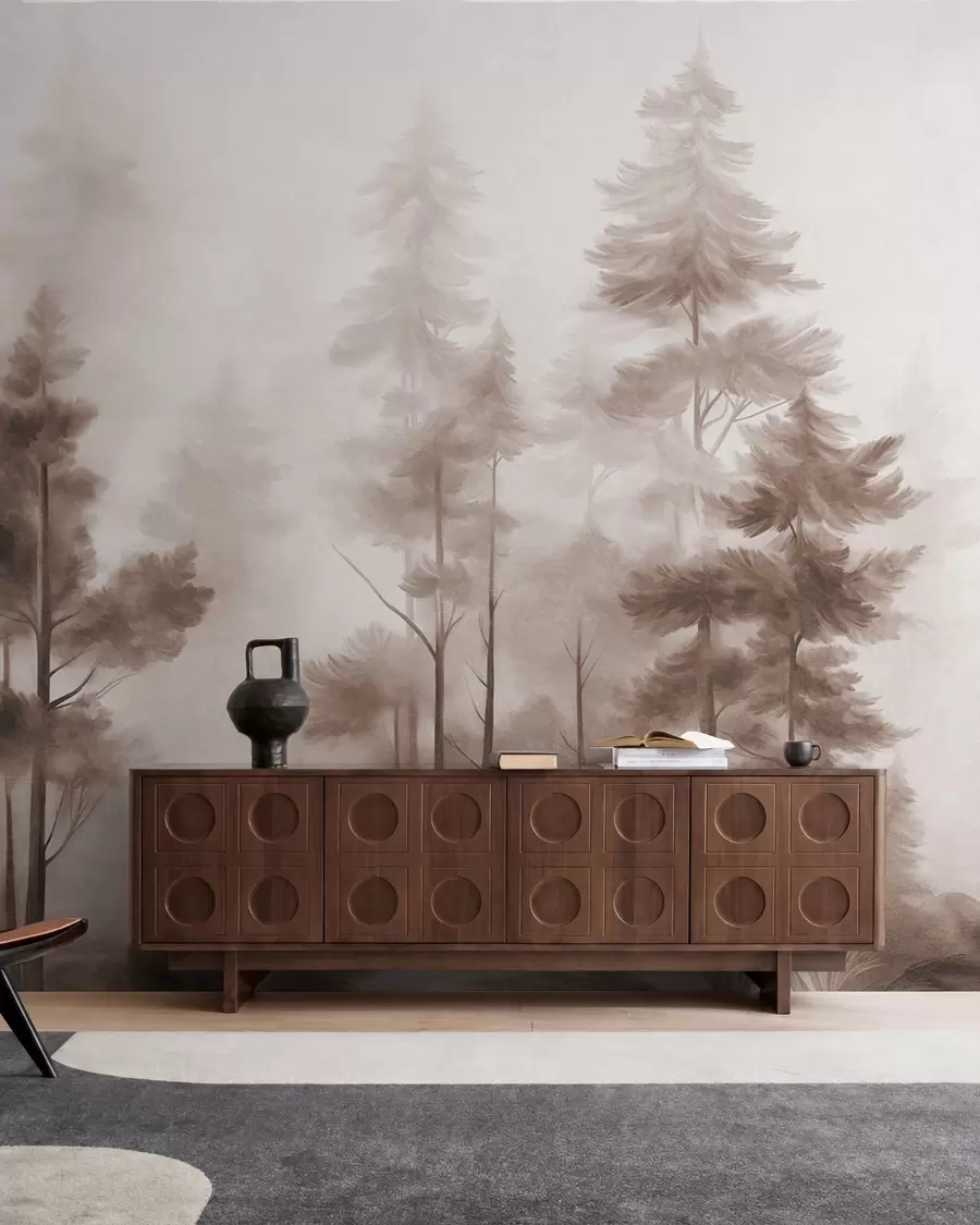 Murale Forêt aux textures variées, parsemée de grands pins aux nuances de brun, dans un léger brouillard w09982v1
