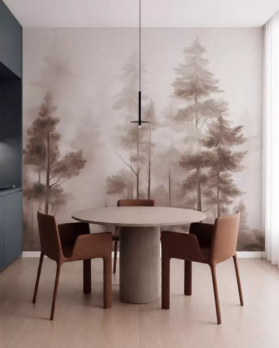 Murale Forêt aux textures variées, parsemée de grands pins aux nuances de brun, dans un léger brouillard w09982v1