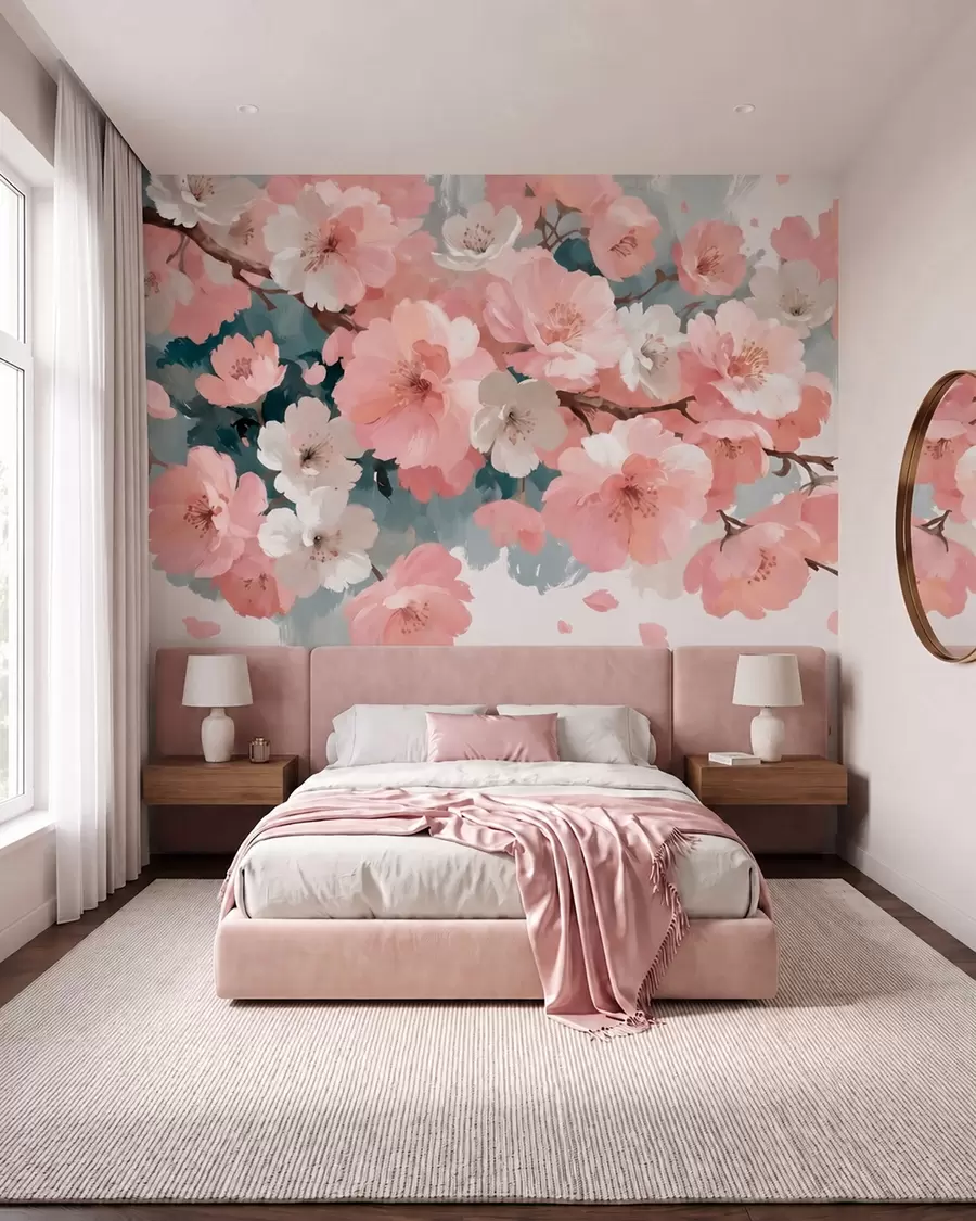 Murale Fleurs de cerisier en pleine floraison, roses et blanches, dans un style de peinture à l'huile w09912