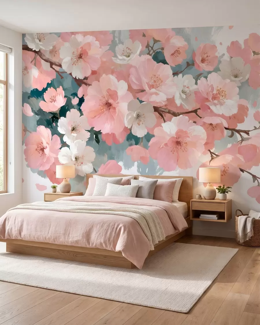 Murale Fleurs de cerisier en pleine floraison, roses et blanches, dans un style de peinture à l'huile w09912