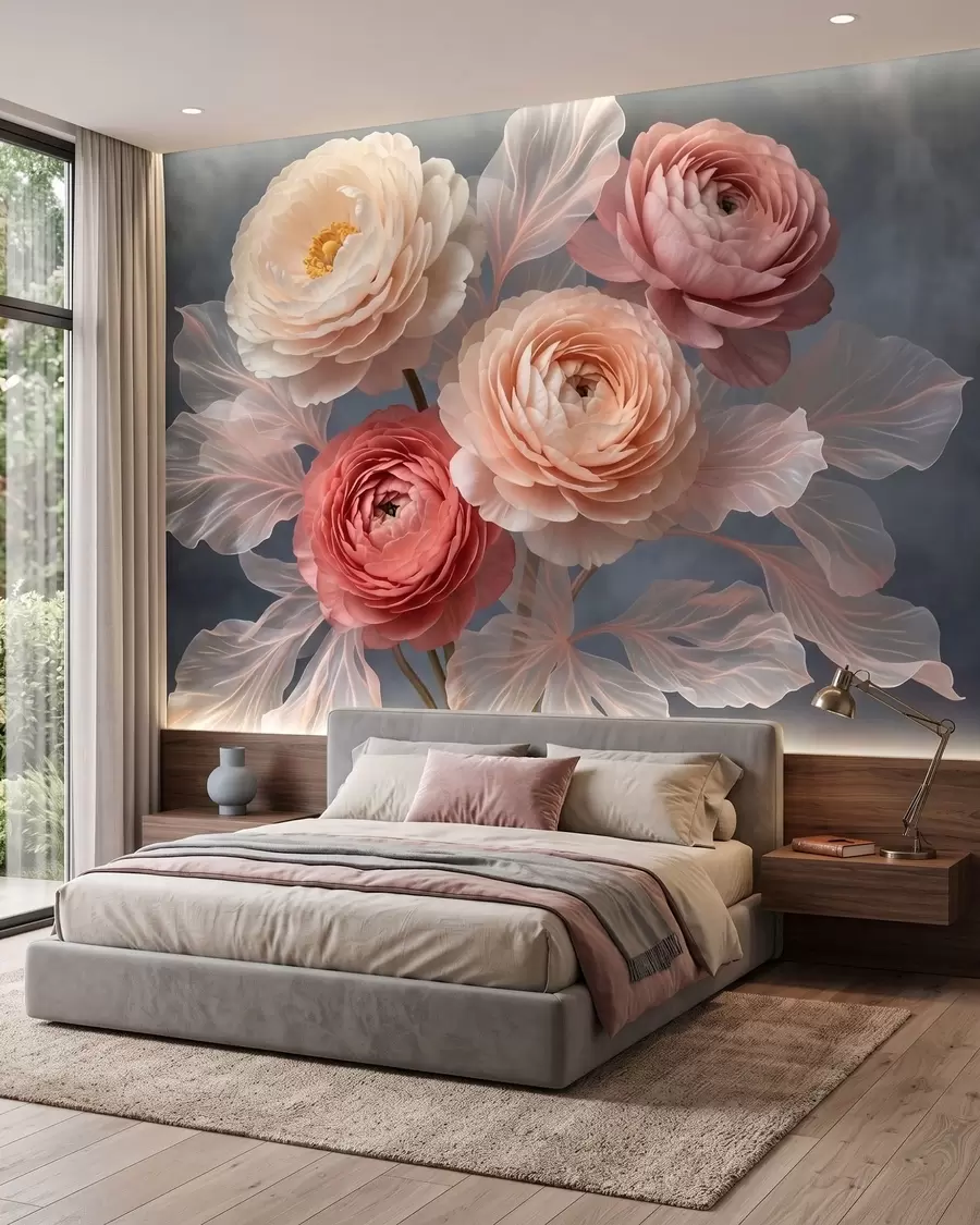 Murale Bouquet de pivoines et de renoncules dans des tons pêche et rose sur fond foncé w09926