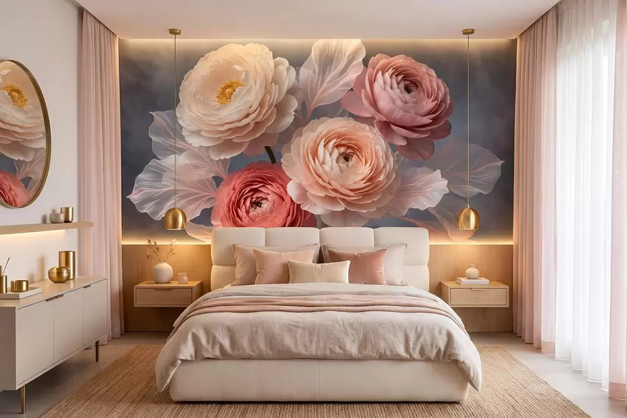 Murale Bouquet de pivoines et de renoncules dans des tons pêche et rose sur fond foncé w09926