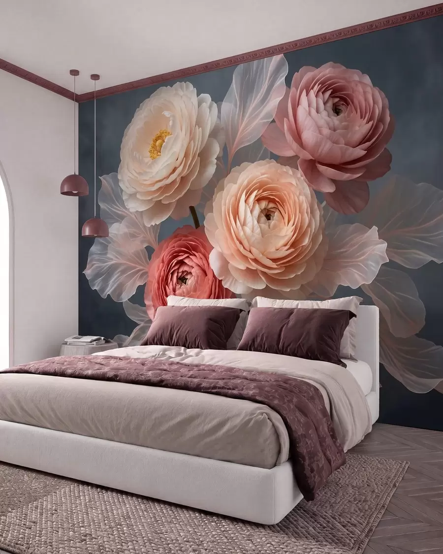 Murale Bouquet de pivoines et de renoncules dans des tons pêche et rose sur fond foncé w09926