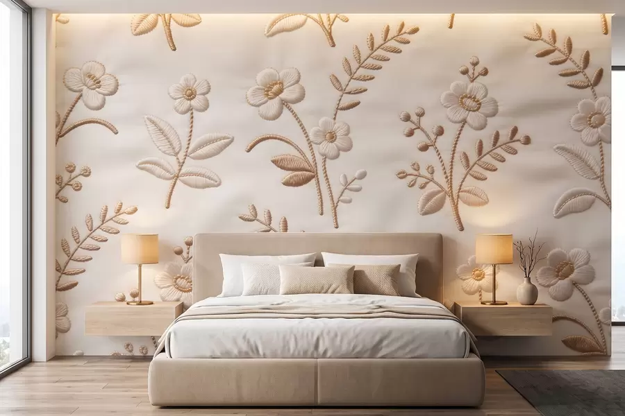 Murale Motif floral en broderie imitation, réalisé avec du fil jaune sur du tissu w09953