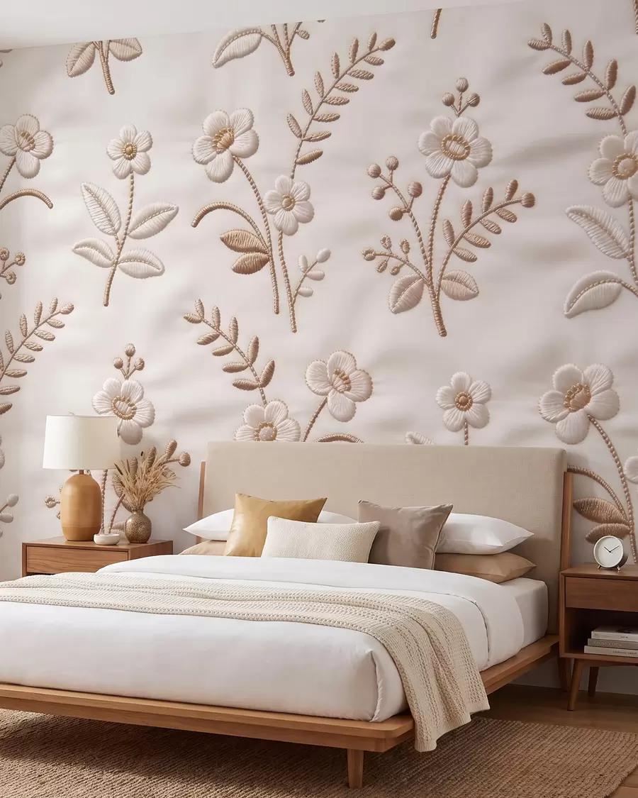 Murale Motif floral en broderie imitation, réalisé avec du fil jaune sur du tissu w09953