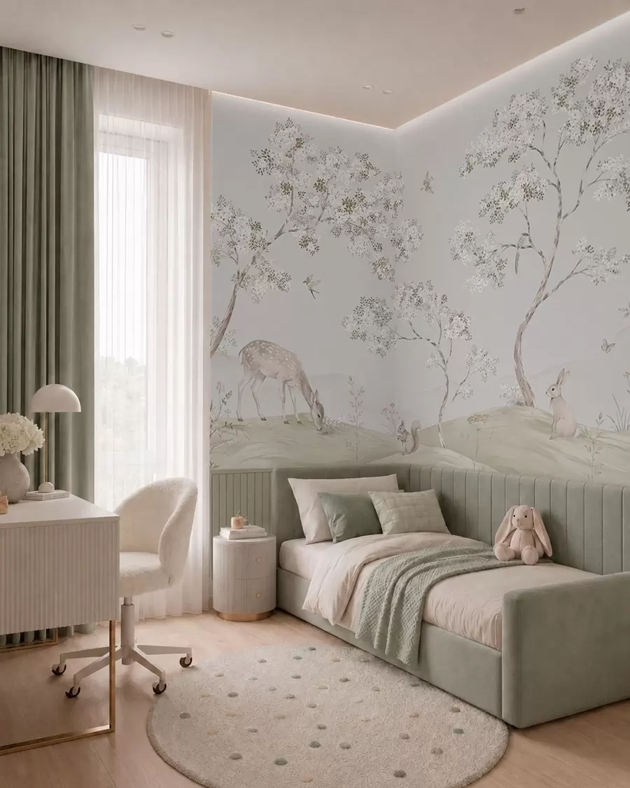 Murale Des arbres en fleurs avec un cerf, un lièvre et un écureuil, dans des tons de bleu w05809v1
