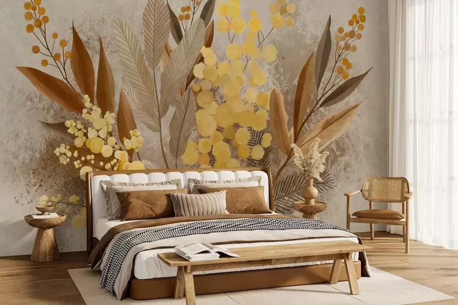 Murale Des branches de mimosa peintes et un herbier aux teintes chaudes w05659