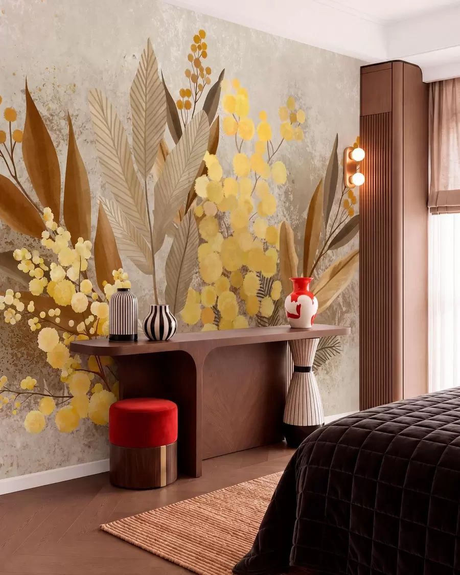 Murale Des branches de mimosa peintes et un herbier aux teintes chaudes w05659