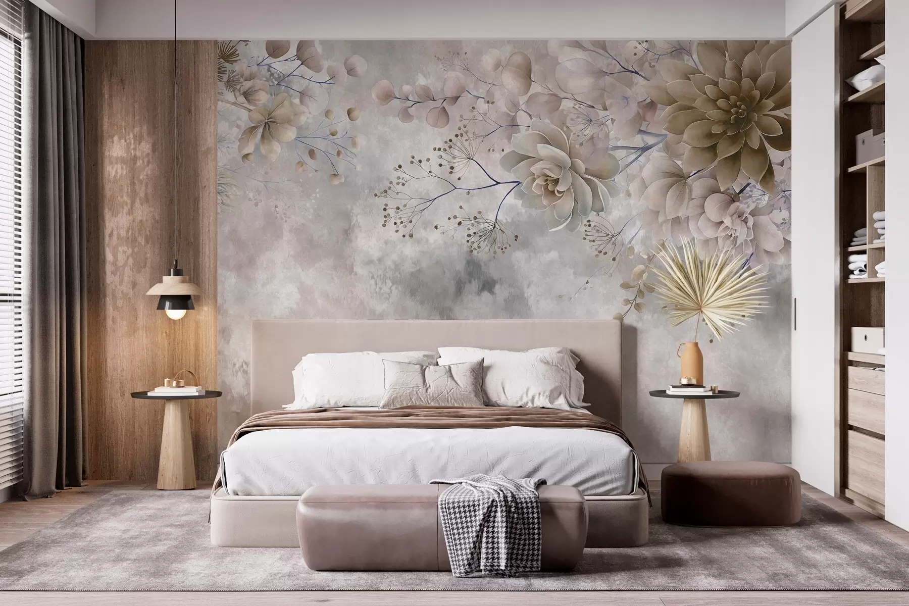 fototapeter Fantastiske blomster i retrostil på billedet ovenfor, i nuancer af beige og brunt w05753