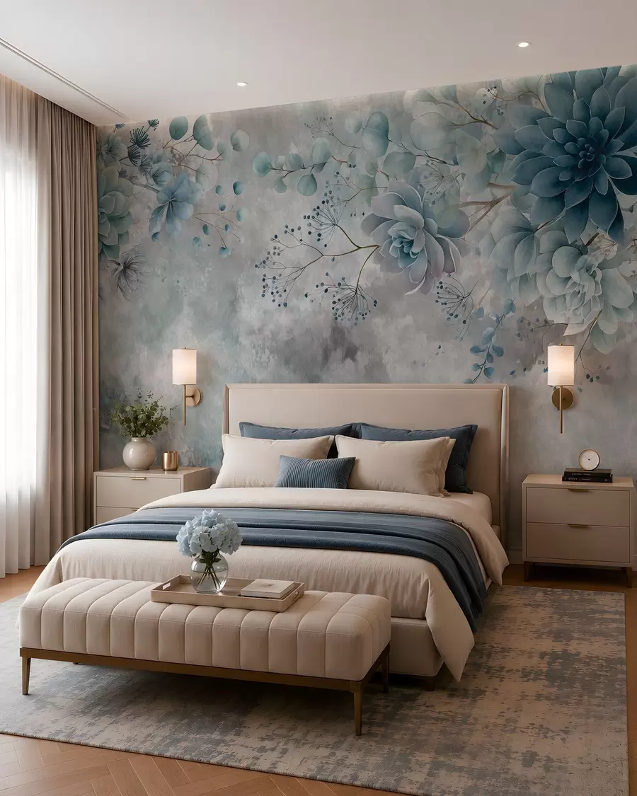 Murale Des fleurs fantaisistes de style rétro, comme sur l'image ci-dessus, dans des tons de beige et de marron w05753