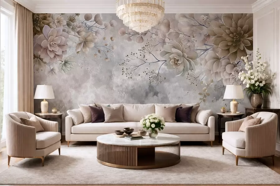 Murale Des fleurs fantaisistes de style rétro, comme sur l'image ci-dessus, dans des tons de beige et de marron w05753