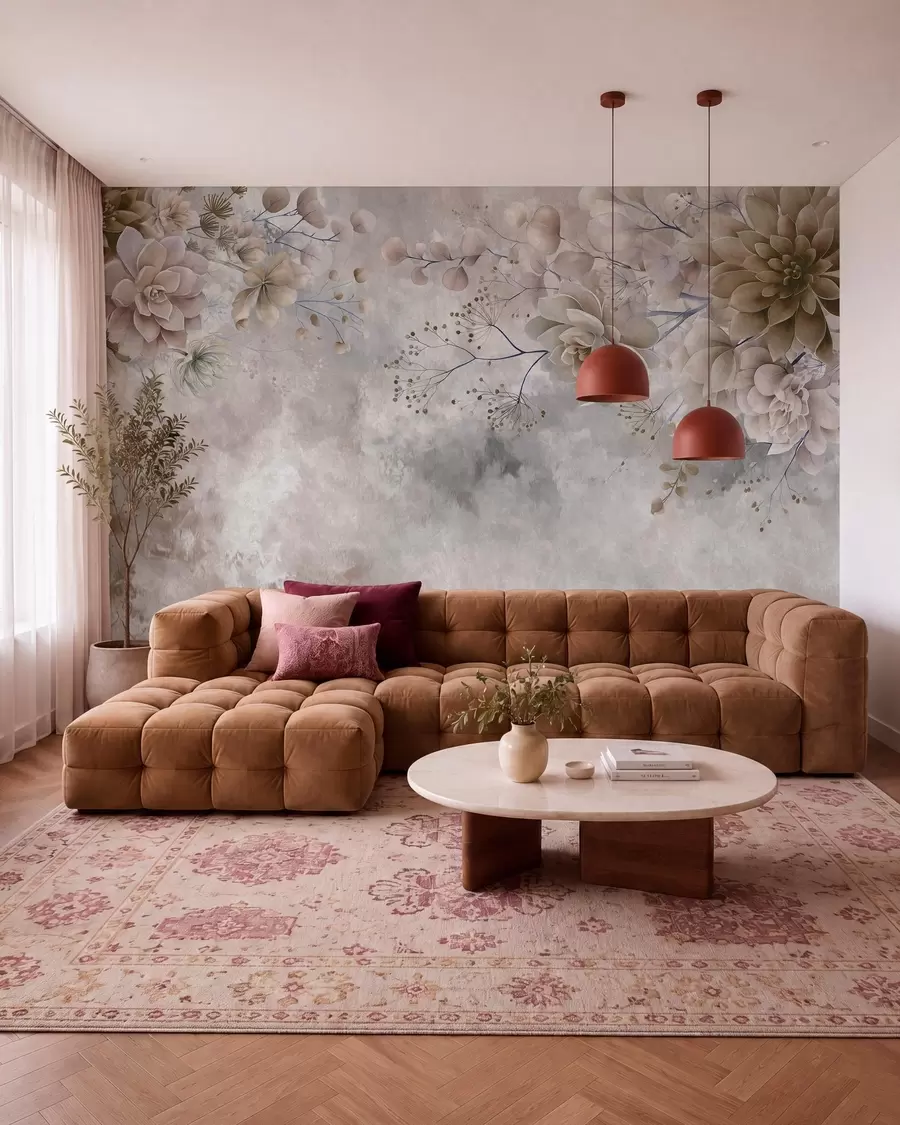 fototapeter Fantastiske blomster i retrostil på billedet ovenfor, i nuancer af beige og brunt w05753