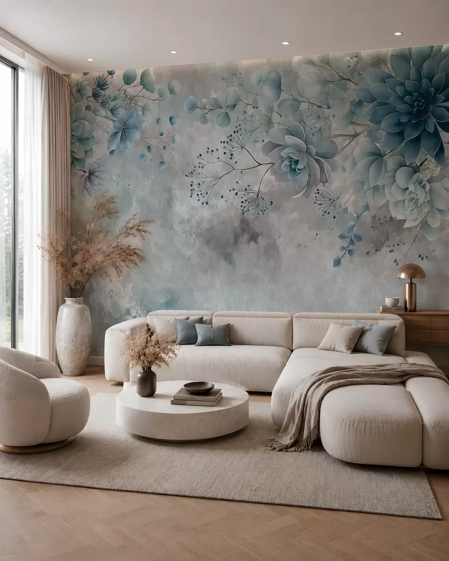 Murale Une vue plongeante sur des fleurs fantastiques de style rétro, dans des tons de bleu et de turquoise w05753v1