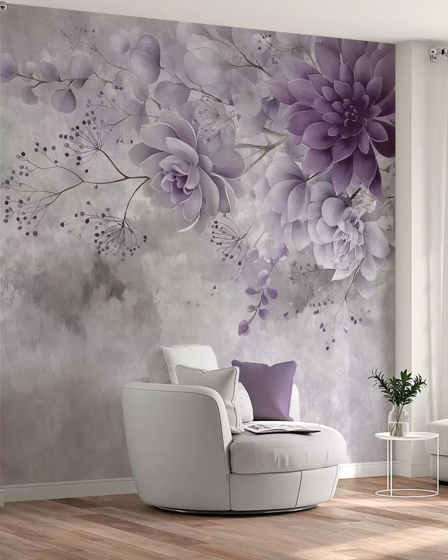 Murale Une vue plongeante sur des fleurs fantastiques de style rétro, dans des nuances de violet w05753v2
