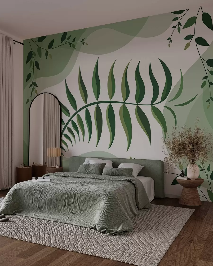 Murale Une feuille de fougère recourbée aux nuances de vert w05756