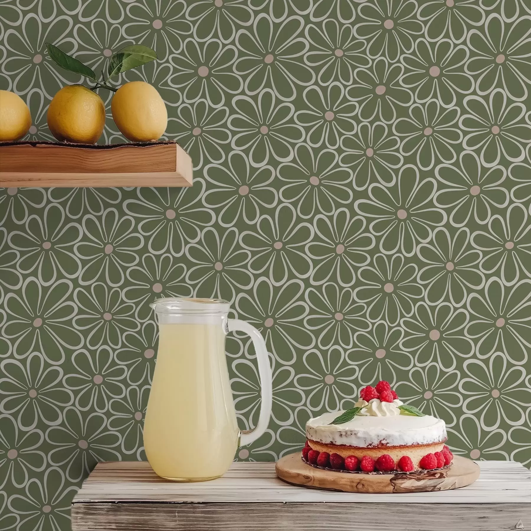 fototapeter Store blomster i kontur på en grøn baggrund a01234