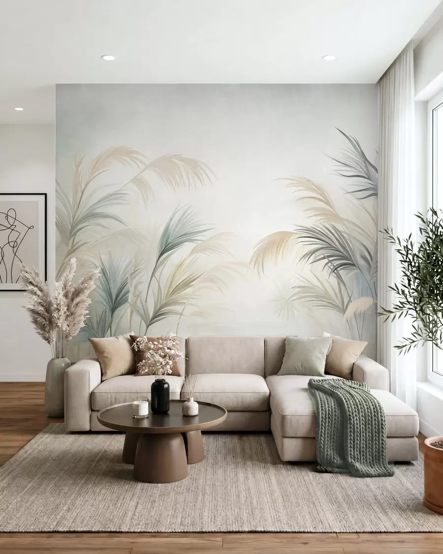 Murale De grandes plantes aux teintes discrètes de beige, de vert et de gris, sur un fond à la texture douce w09984