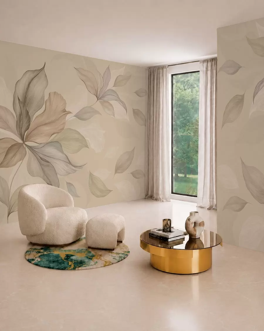 Murale De grandes feuilles décoratives sur un fond aux teintes chaudes w05733
