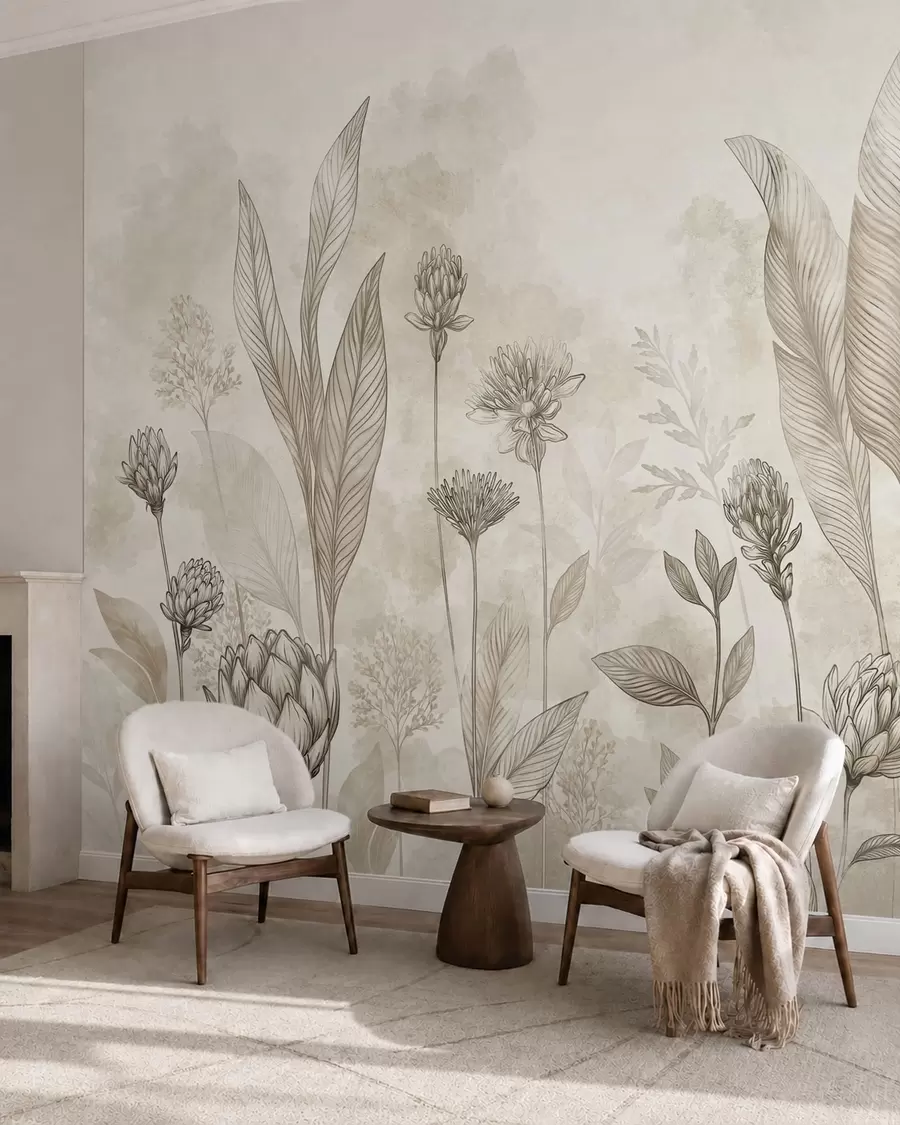 Murale Composition botanique avec des fleurs et des feuilles w05802