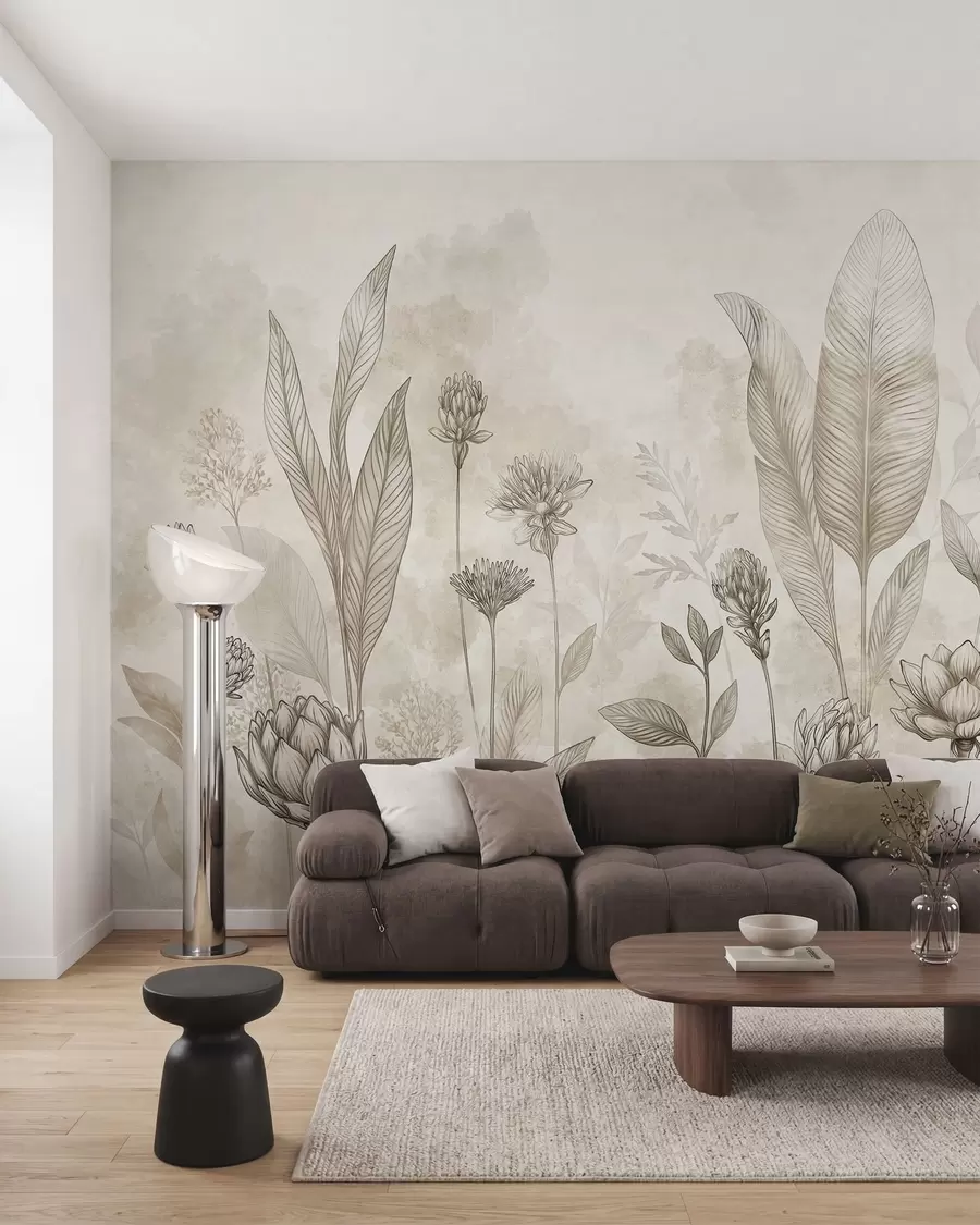 Murale Composition botanique avec des fleurs et des feuilles w05802