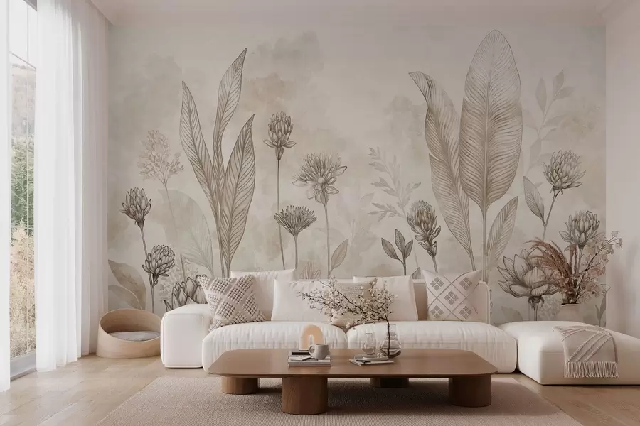 Murale Composition botanique avec des fleurs et des feuilles w05802