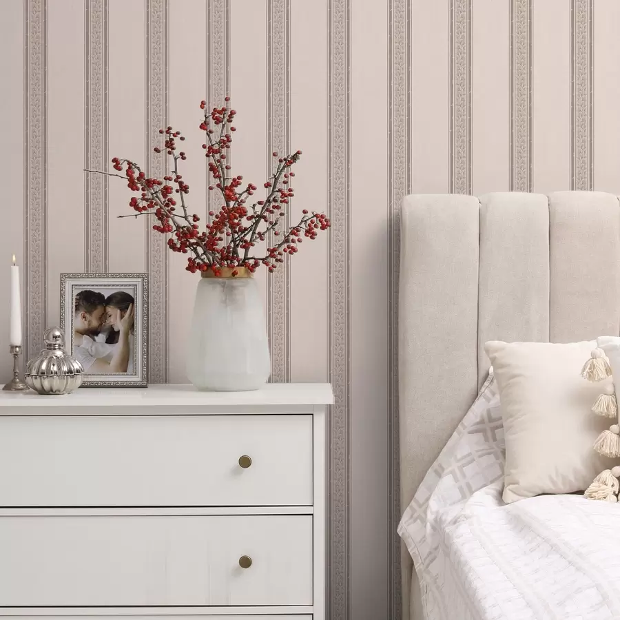 Fototapete Zarte rosa und beige Streifen mit Blättern a01249