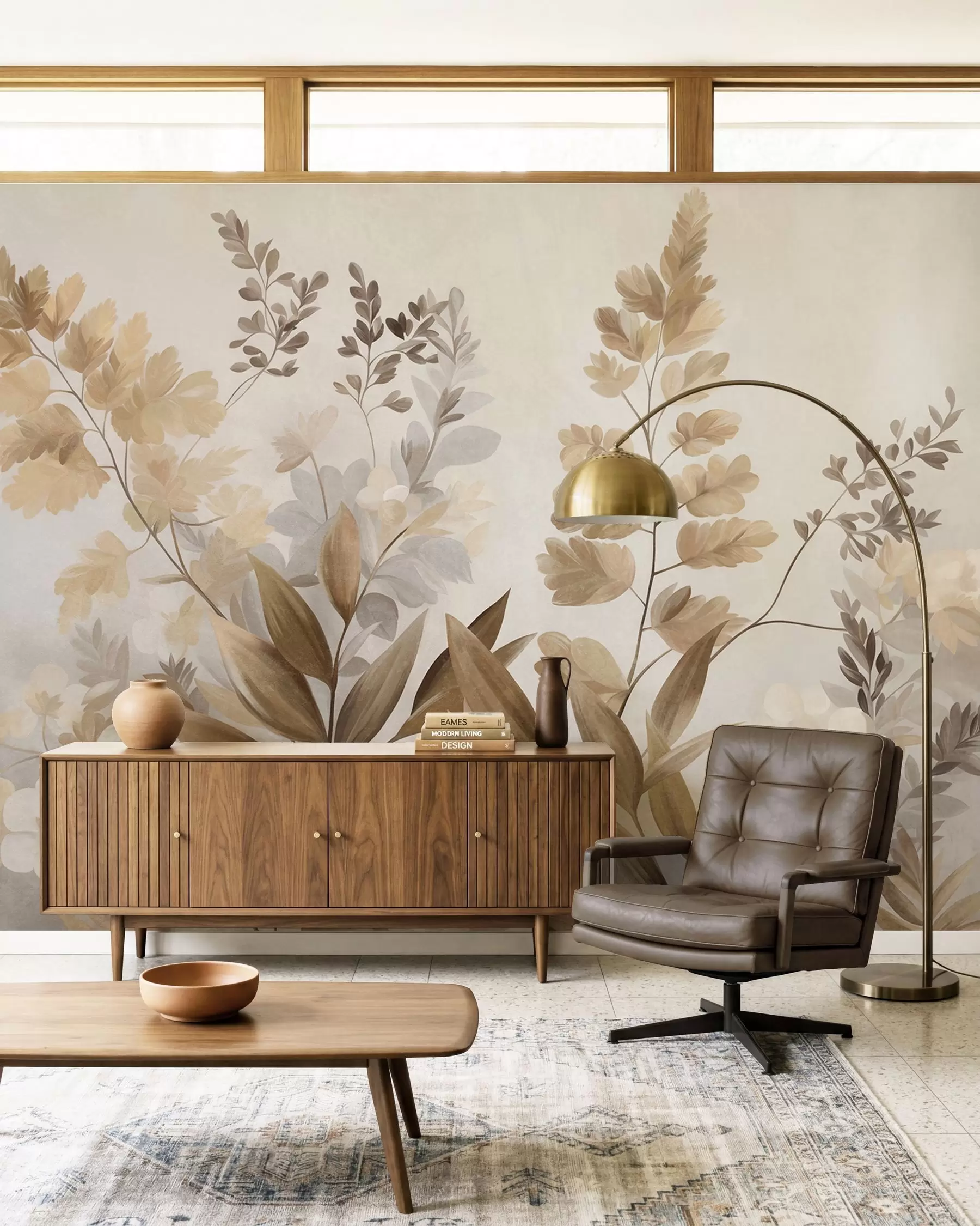 fototapeter Tekstureret botanisk kunst, forskellige planter og blade i brune og beige nuancer w09979