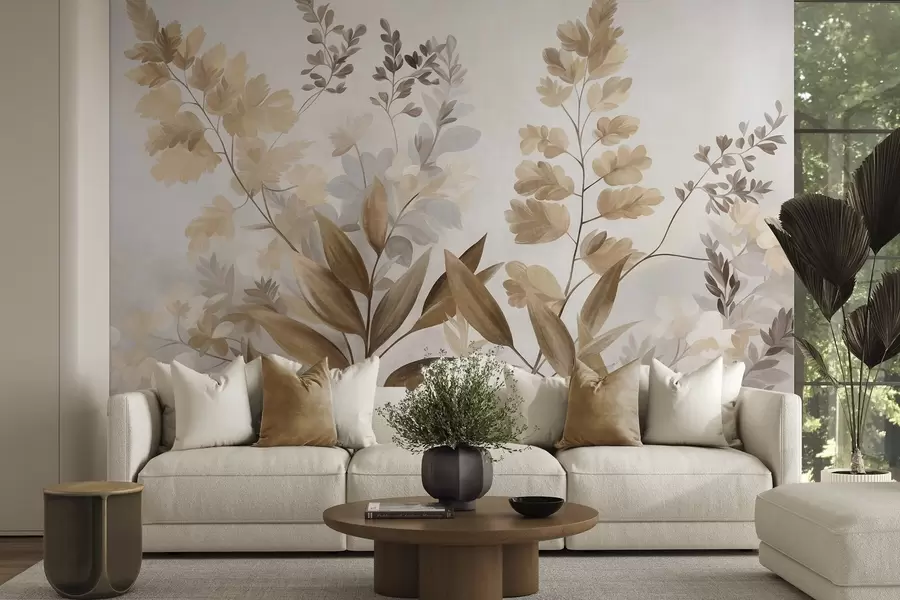 Murale Art botanique texturé, diverses plantes et feuilles dans des tons de marron et de beige w09979