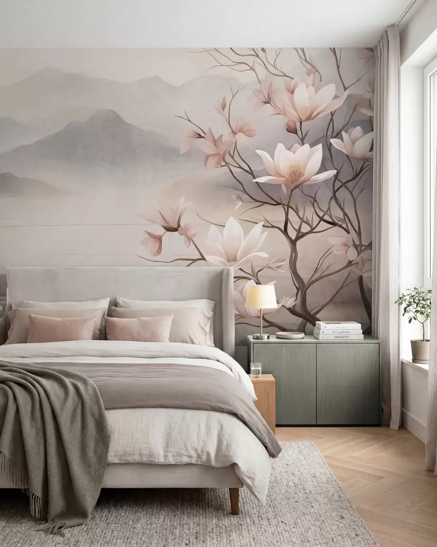 fototapeter Bjerge og blomstrende lyserøde magnoliagrene, et landskab med dybde og tekstur w10013
