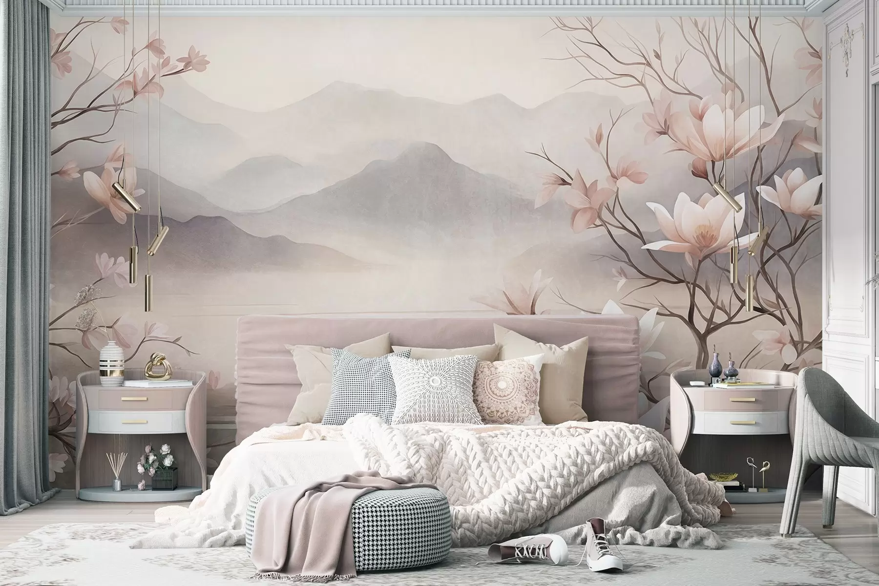 fototapeter Bjerge og blomstrende lyserøde magnoliagrene, et landskab med dybde og tekstur w10013