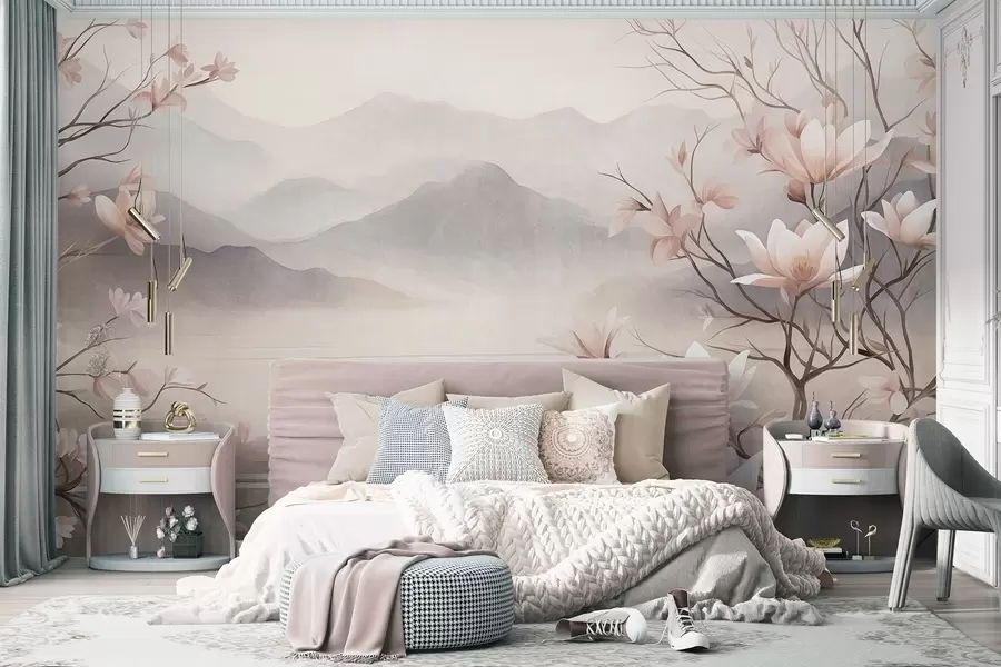 fototapeter Bjerge og blomstrende lyserøde magnoliagrene, et landskab med dybde og tekstur w10013