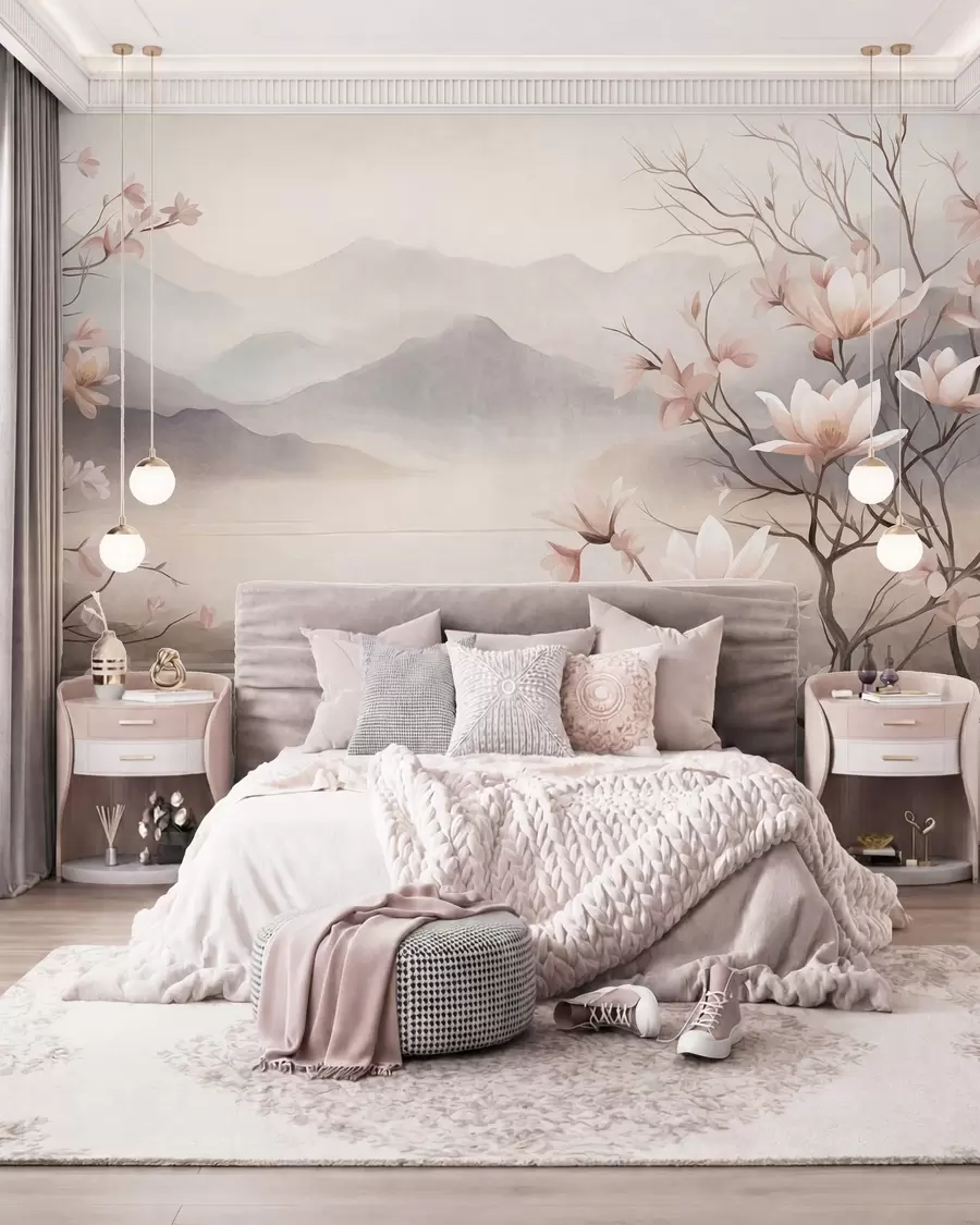 fototapeter Bjerge og blomstrende lyserøde magnoliagrene, et landskab med dybde og tekstur w10013