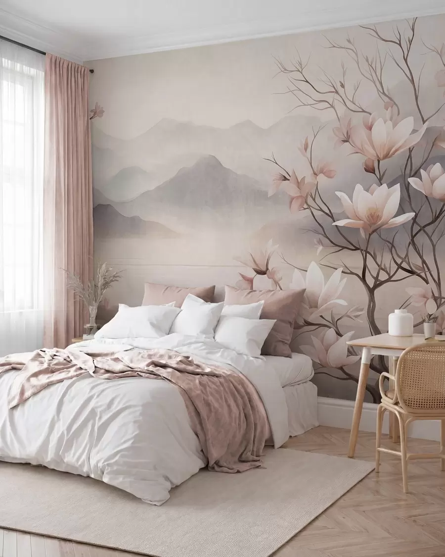 Fototapete Berge und blühende rosa Magnolienzweige, strukturierte Landschaft w10013