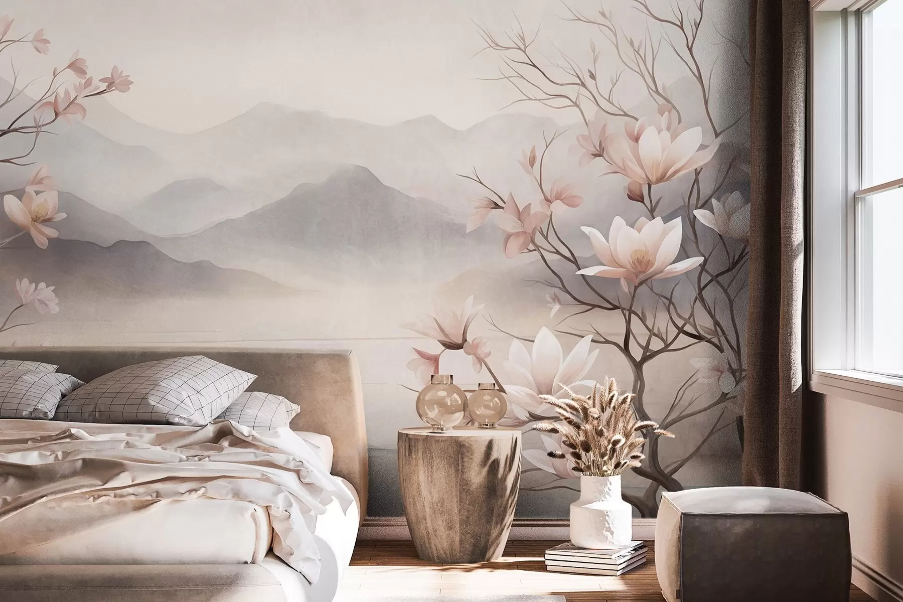 fototapeter Bjerge og blomstrende lyserøde magnoliagrene, et landskab med dybde og tekstur w10013