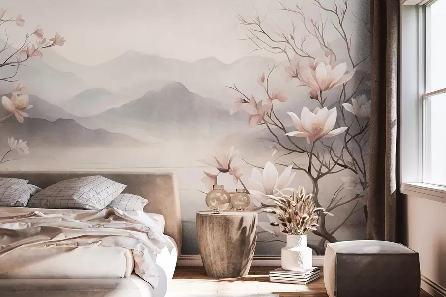 fototapeter Bjerge og blomstrende lyserøde magnoliagrene, et landskab med dybde og tekstur w10013