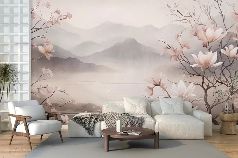 fototapeter Bjerge og blomstrende lyserøde magnoliagrene, et landskab med dybde og tekstur w10013