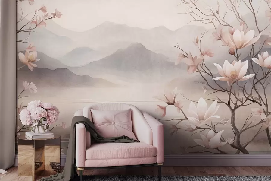 fototapeter Bjerge og blomstrende lyserøde magnoliagrene, et landskab med dybde og tekstur w10013