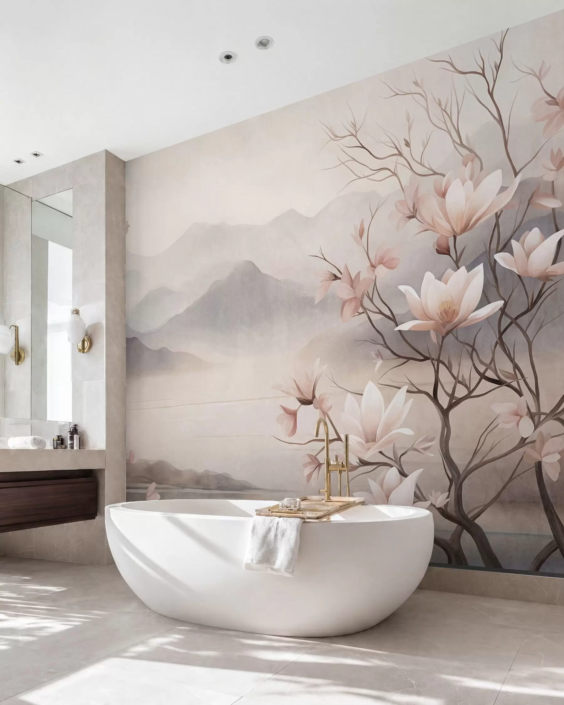 fototapeter Bjerge og blomstrende lyserøde magnoliagrene, et landskab med dybde og tekstur w10013